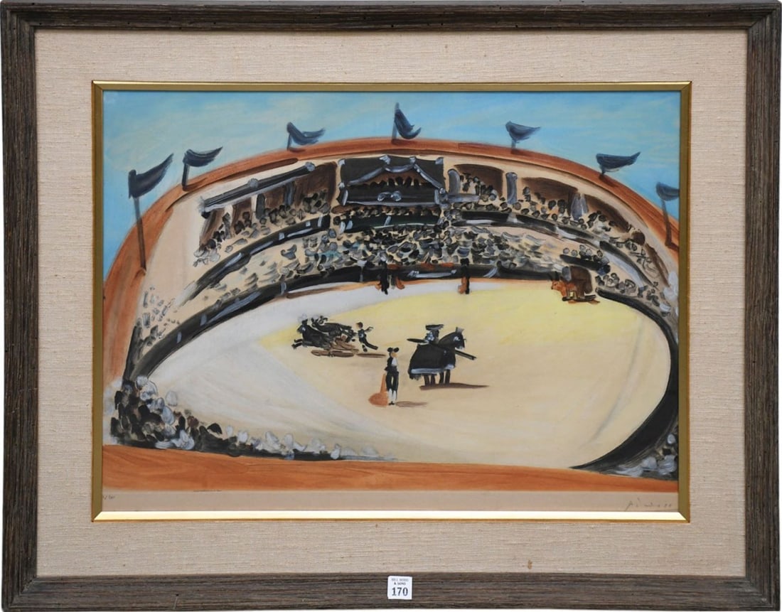 Pablo Picasso (Spanish, 1881–1973) La Corrida- 1956. (The Bullfight) Color aquatint on paper: Pablo Picasso (Spanish, 1881–1973) La Corrida- 1956. (The Bullfight) Color aquatint on paper (published by Atelier Lacourière in Paris) curved perspective of a traditional Spanish bullfight