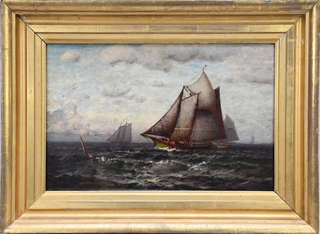 James Gale Tyler (American, 1855-1931) oil on antique panel, sailboats, painting approx. 10 x 15 (1 of 6)