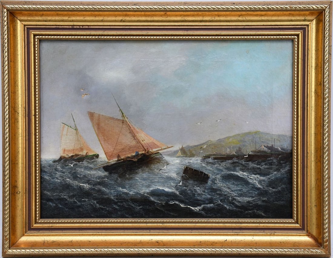 Antique harbor scene sailboats in rough Waters, Oil on canvas, small tear upper left sky, 10 x 14: Antique harbor scene sailboats in rough Waters, Oil on canvas, small tear upper left sky, 10 x 14 inches. Overall frame size 13-1/2 x 17-1/2 inches. no apparent signature