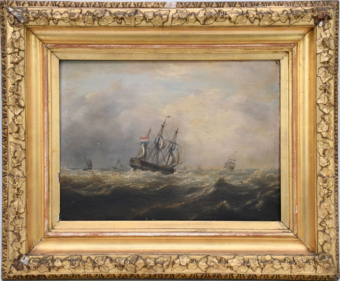 19th Century Dutch School, Sailing Ships navigating in rough seas under stormy skies. Oil on panel, (1 of 5)