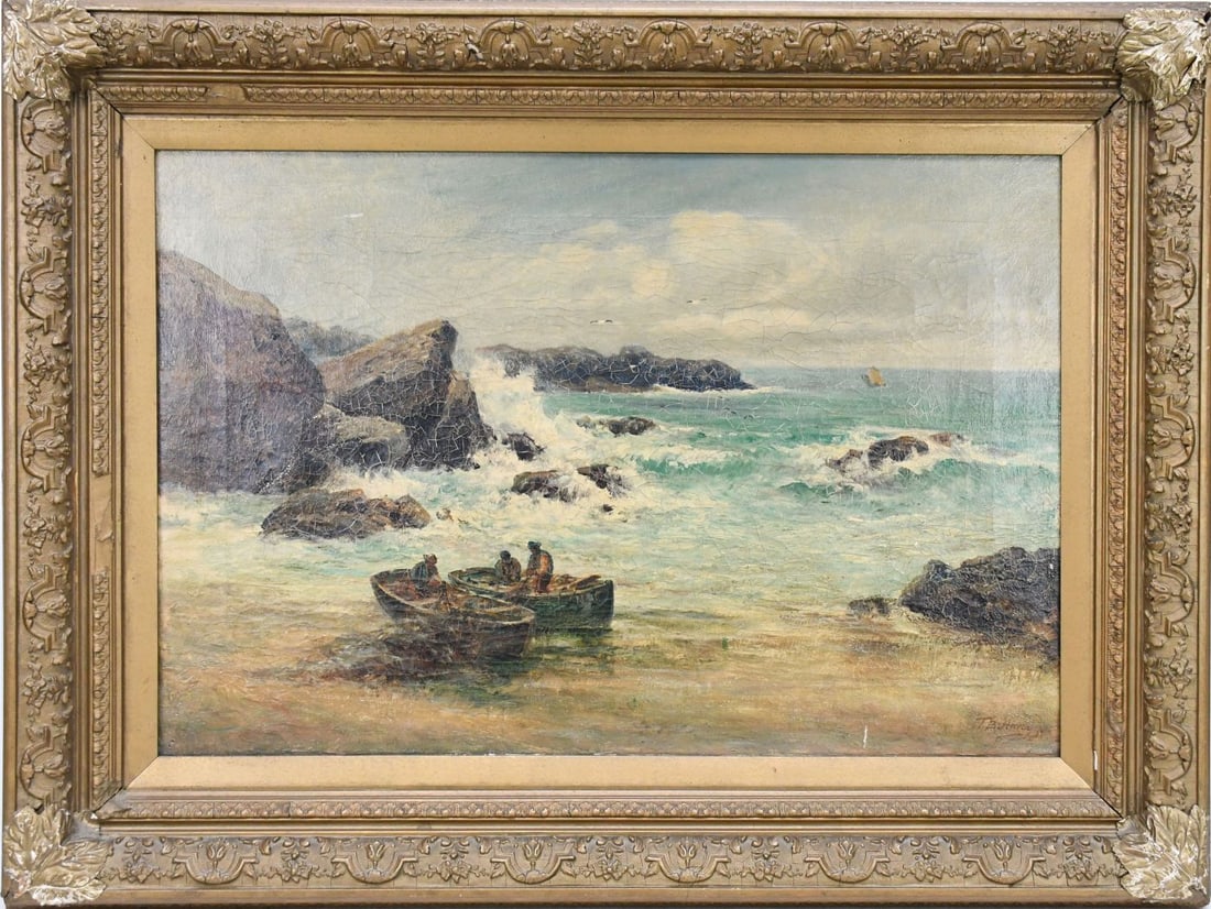Thomas Bush Hardy (English 1842-1897) oil on canvas, Fisherman on Rocky Shoreline '79. 16 x 24 (1 of 6)