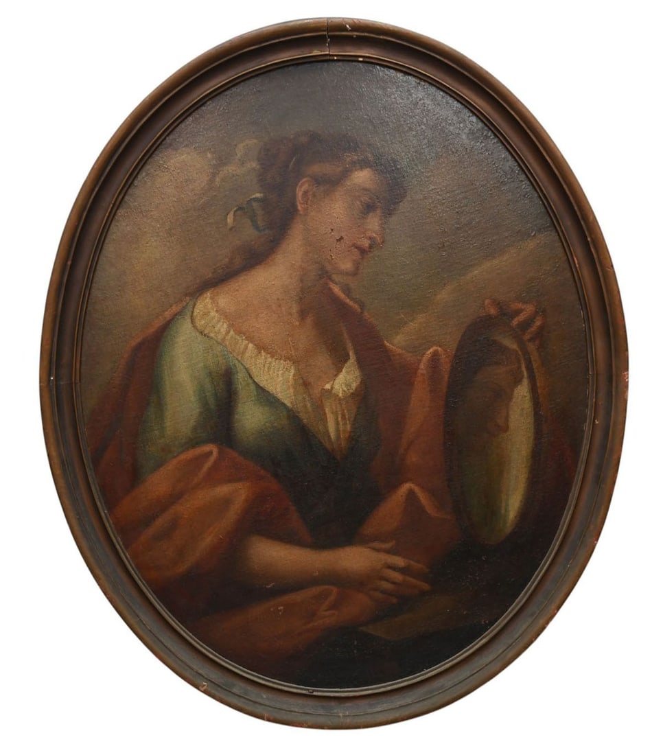 17th/18th century European School Old Master style painting, depicting a woman holding a mirror that: 17th/18th century European School Old Master style painting, depicting a woman holding a mirror that reflects a profile. canvas mounted down on board oval painting size 38 x 31 inches. overall framed 