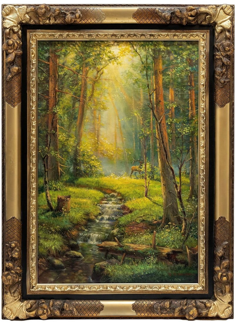 Attributed to: Ivan Shishkin Russian Forest Landscape, signed Shishkin, Oil on canvas, Dimensions:: Attributed to: Ivan Shishkin Russian Forest Landscape, signed Shishkin, Oil on canvas, Dimensions: Without frame: 24" x 36" | With frame: 34" x 46" Additional Information: Bears signature lower right 