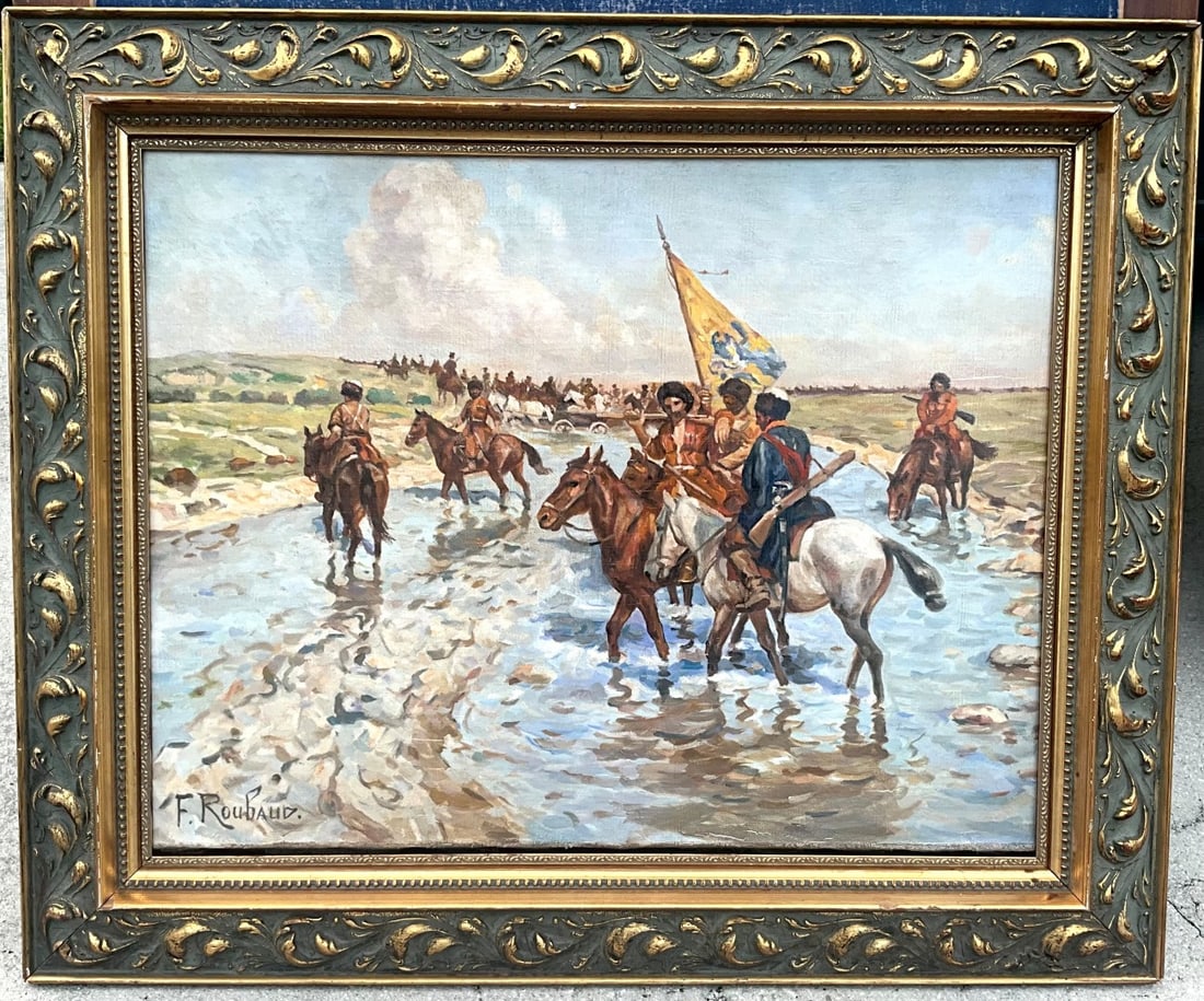 Russian painting Attributed to: Franz Roubaud, Cossack Riders Crossing River, Beautiful Russian (1 of 4)