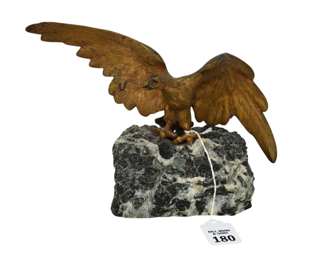 French empire gilt bronze eagle signed Mauroy. Eagle watch holder on granite base signed on tail, (1 of 7)