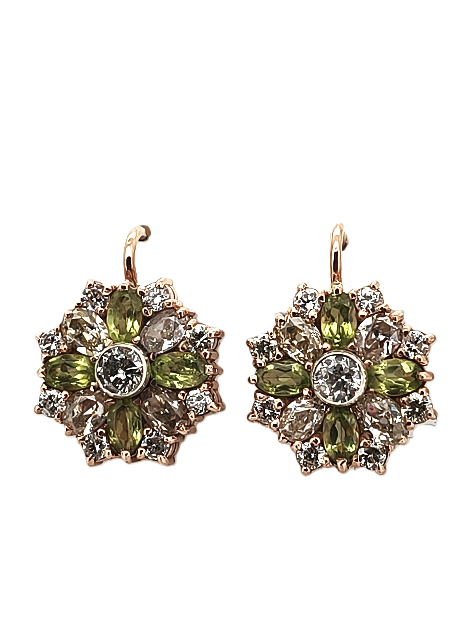 Vintage Imperial Art Deco Era Rose Gold Diamond Peridot Earrings. Diamonds Approx. 1.20 Ct. Total: Vintage Imperial Art Deco Era Rose Gold Diamond Peridot Earrings. Diamonds Approx. 1.20 Ct. Total weight.8.6 grams. Russian hallmarks. 56 FL Cyrillic.