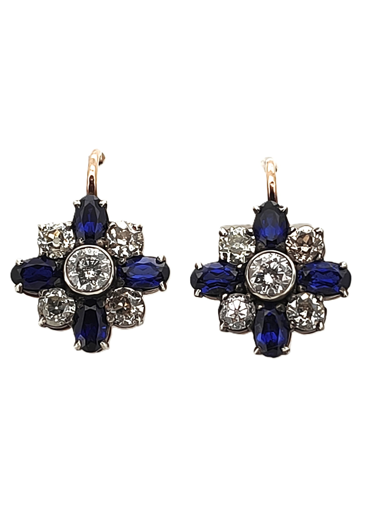 Vintage Imperial Art Deco Era Rose Gold Diamond Sapphire Earrings. Diamonds Approx. 1.80 Ct. Total: Vintage Imperial Art Deco Era Rose Gold Diamond Sapphire Earrings. Diamonds Approx. 1.80 Ct. Total weight.6.0 grams. Russian hallmarks. 56 BC Cyrillic.