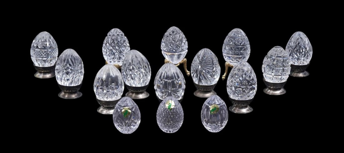 Fabulous Collection of 15 Waterford Crystal Eggs, Most With Stands, Largest 3 1/2"h x 2 1/2"w (1 of 8)