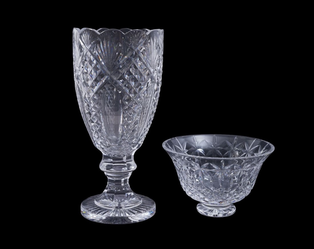 2pc. Waterford Crystal Lot, A) Tall Vintage Waterford Footed Vase Featuring Intricate Diamond & (1 of 10)