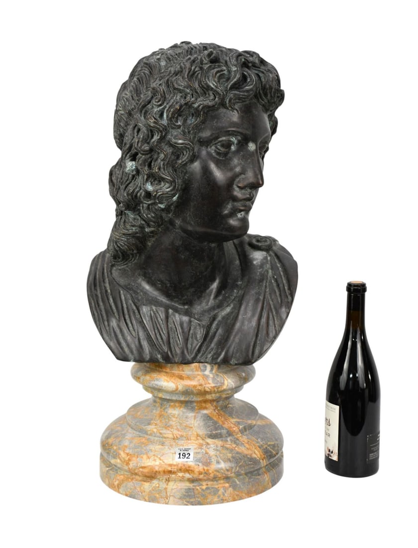 Large Bronze Apollo Bust on Marble Pedestal Base, 26"h x 13"w x 12"d (1 of 6)