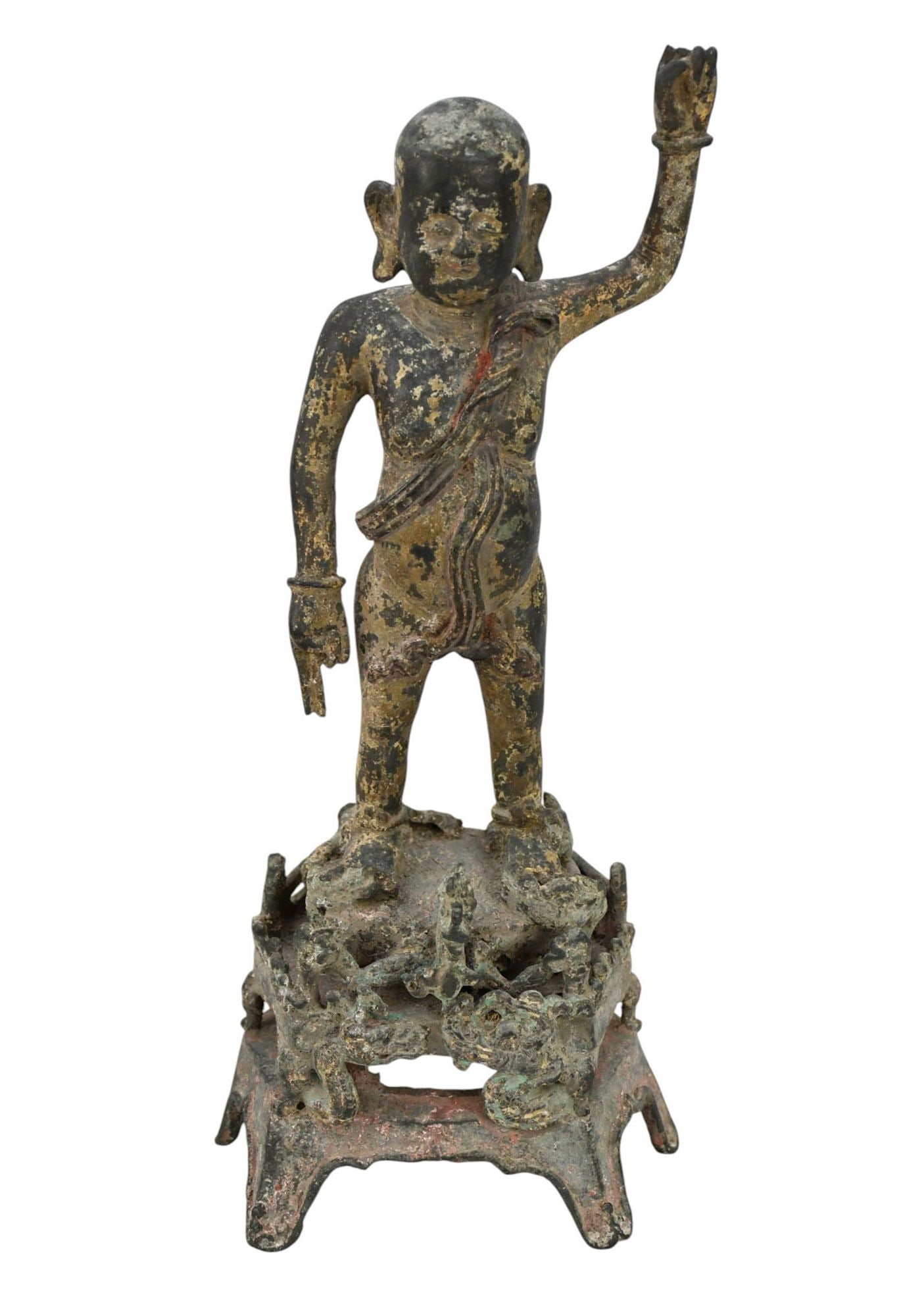 Bronze 18th c. The Infant Buddha Prince Siddhartha, Hand Toward Heaven, Attached to Elaborate (1 of 9)