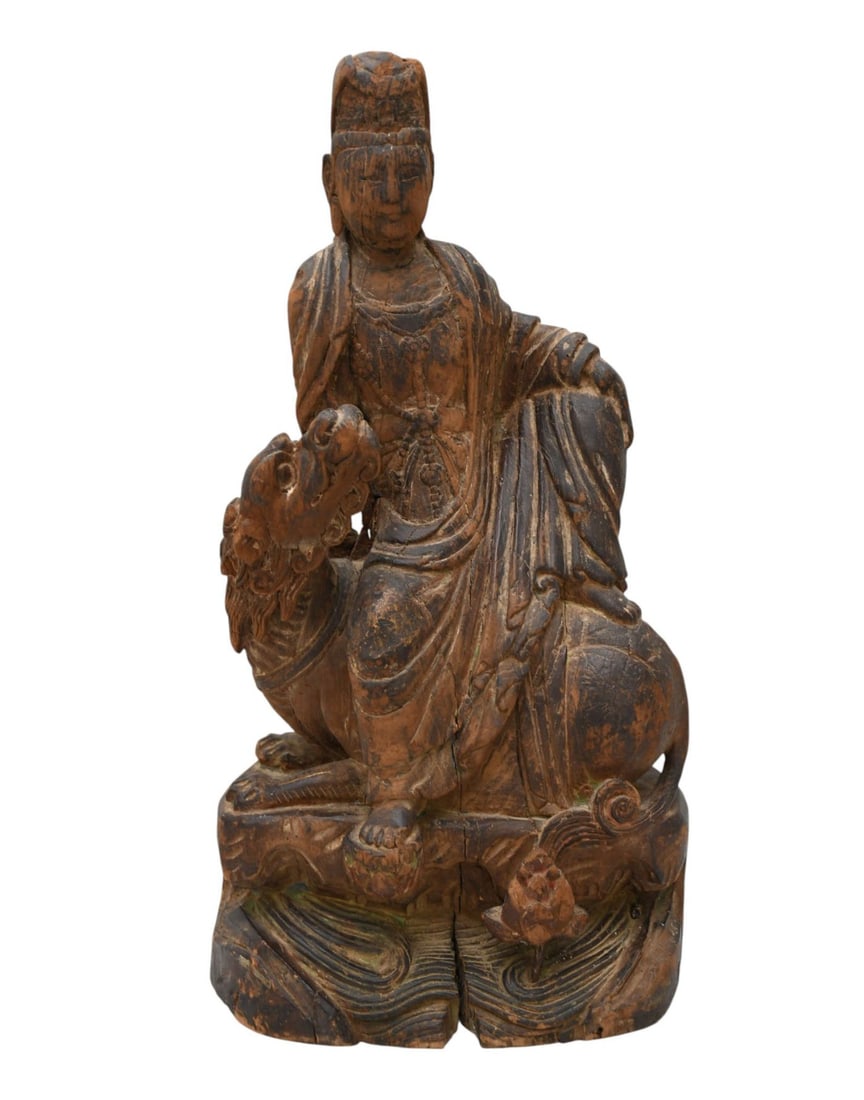 Chinese 18th c. Carved Quan Yin Riding Mythological Animal, 19"h x 11"w x 7"d (age appropriate split (1 of 9)