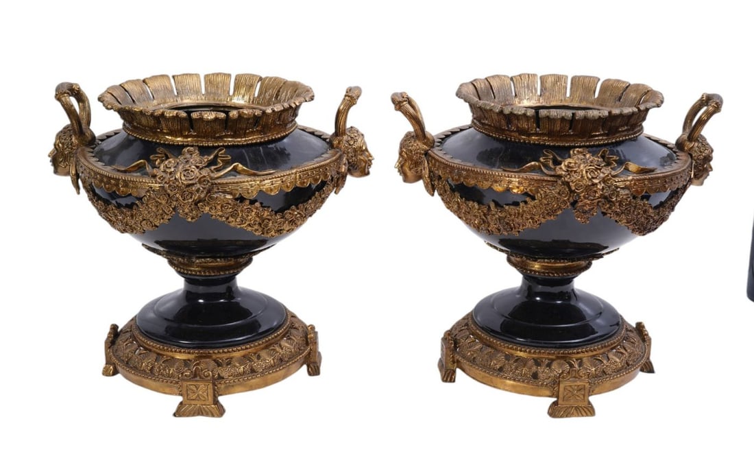 Pair Centerpiece Pedestal Bowls, Black Porcelain with Classical Gilt Metal Mounts, 13"h x 14"w: Pair Centerpiece Pedestal Bowls, Black Porcelain with Classical Gilt Metal Mounts, 13"h x 14"w