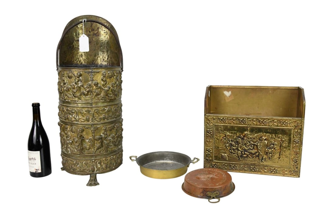 19th c. Brass Coal Scuttle (26"h) Magazine Rack (15 1/2"w) and 2 Fish Molds, 1 is Copper (1 of 5)