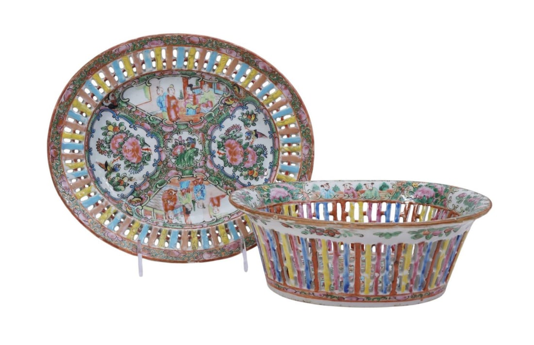 2 pc. Antique Rose Medallion Reticulated Chestnut Bowl & Liner, 3"H x 8 1/2"w, Liner 9"w (1 of 8)