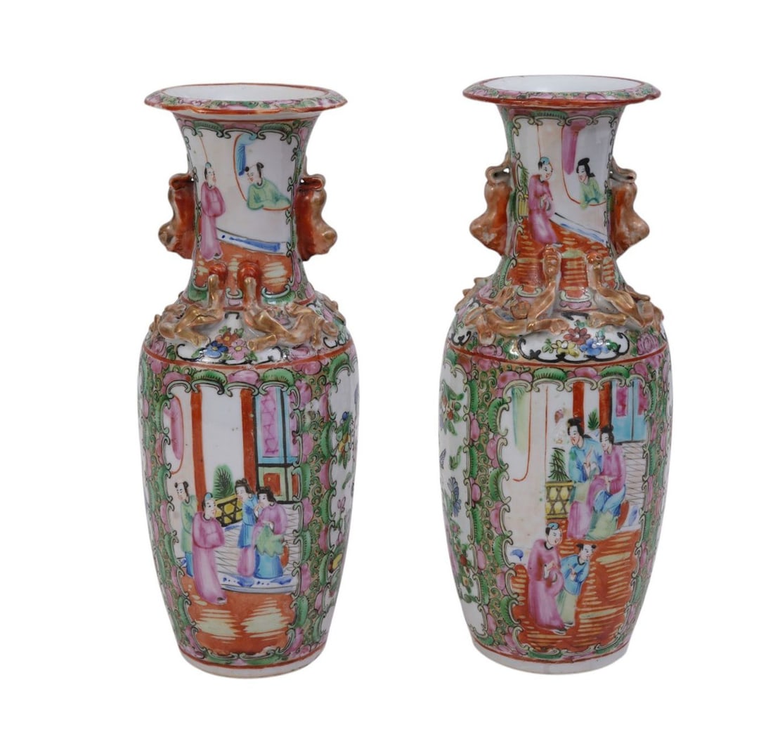 Pair 19th c. Rose Medallion Vases, 10"H x 4"w (roughage at rim): Pair 19th c. Rose Medallion Vases, 10"H x 4"w (roughage at rim)
