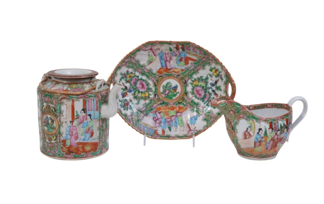3 Rose Medallion Pcs., 19th c, Pitcher, Plate with Cut-Out Handles & 2pc. Teapot (6"H x 7'w) (1 of 13)