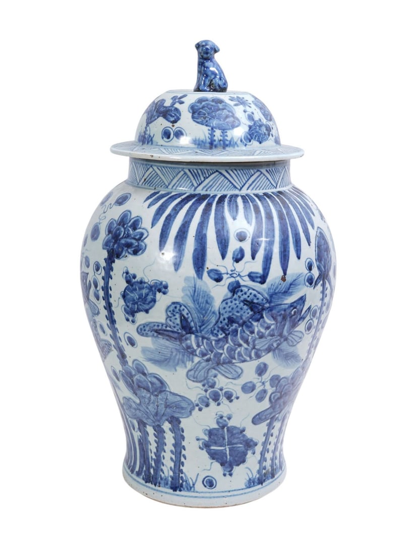 Oversized 19th c. Chinese Porcelain Ginger Jar, Blue & White with Foo Dog Finial, 22"h x 12"w (1 of 8)