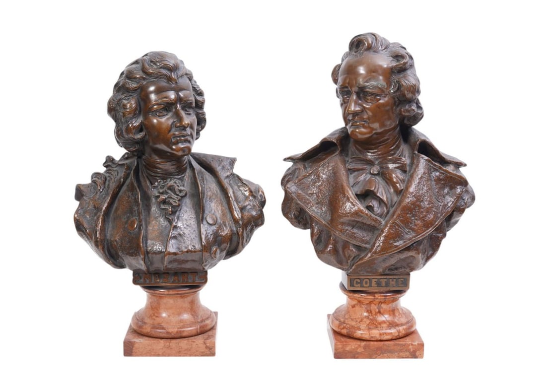 2 Bronze Busts on Rouge Marble Plinths, One Goethe, One Mozart, Tallests 16"h x 10"w x 6"d (1 of 7)