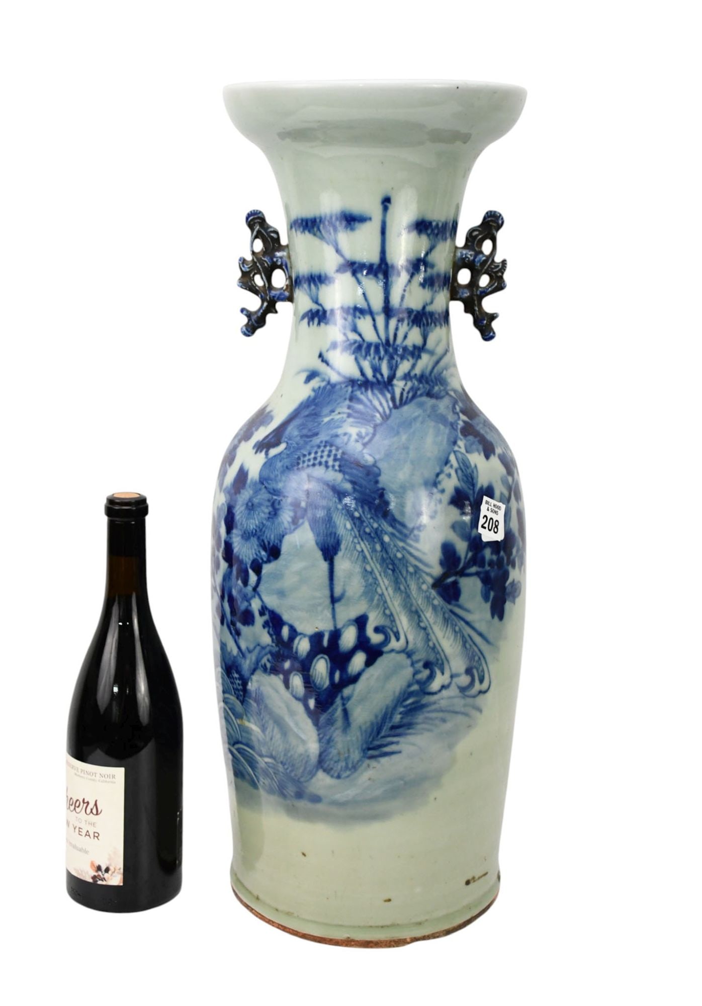 Chinese Large Vase, Blue Floral, Fish & Fauna on Celadon Ground, 23"h: Chinese Large Vase, Blue Floral, Fish & Fauna on Celadon Ground, 23"h