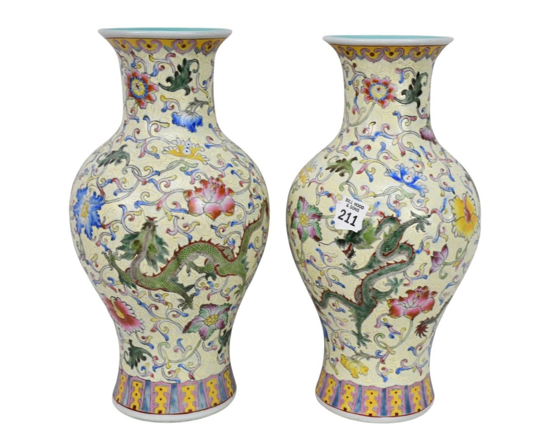 Pair Antique Chinese Vases, Green 5 Footed Dragon & Floral Design on Yellow Ground with Turquoise: Pair Antique Chinese Vases, Green 5 Footed Dragon & Floral Design on Yellow Ground with Turquoise Interior, 14"h x 7"w