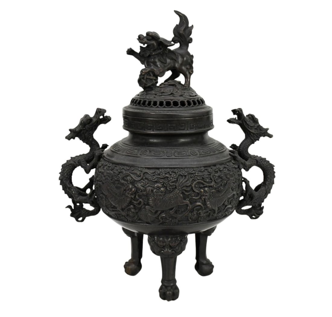 Bronze 3 Footed Incense Burner with Intricate Handles & Finial, 14"h x 11"w (1 of 9)