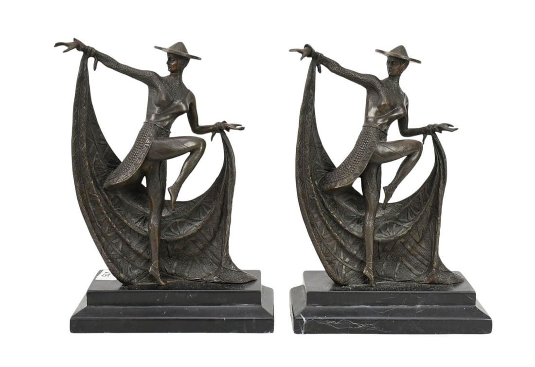 Pair Bronze Art Deco Sculptures, After D.H. Chiparus, "Exotic Shawl Dancers" on Marble Pedestal (1 of 5)