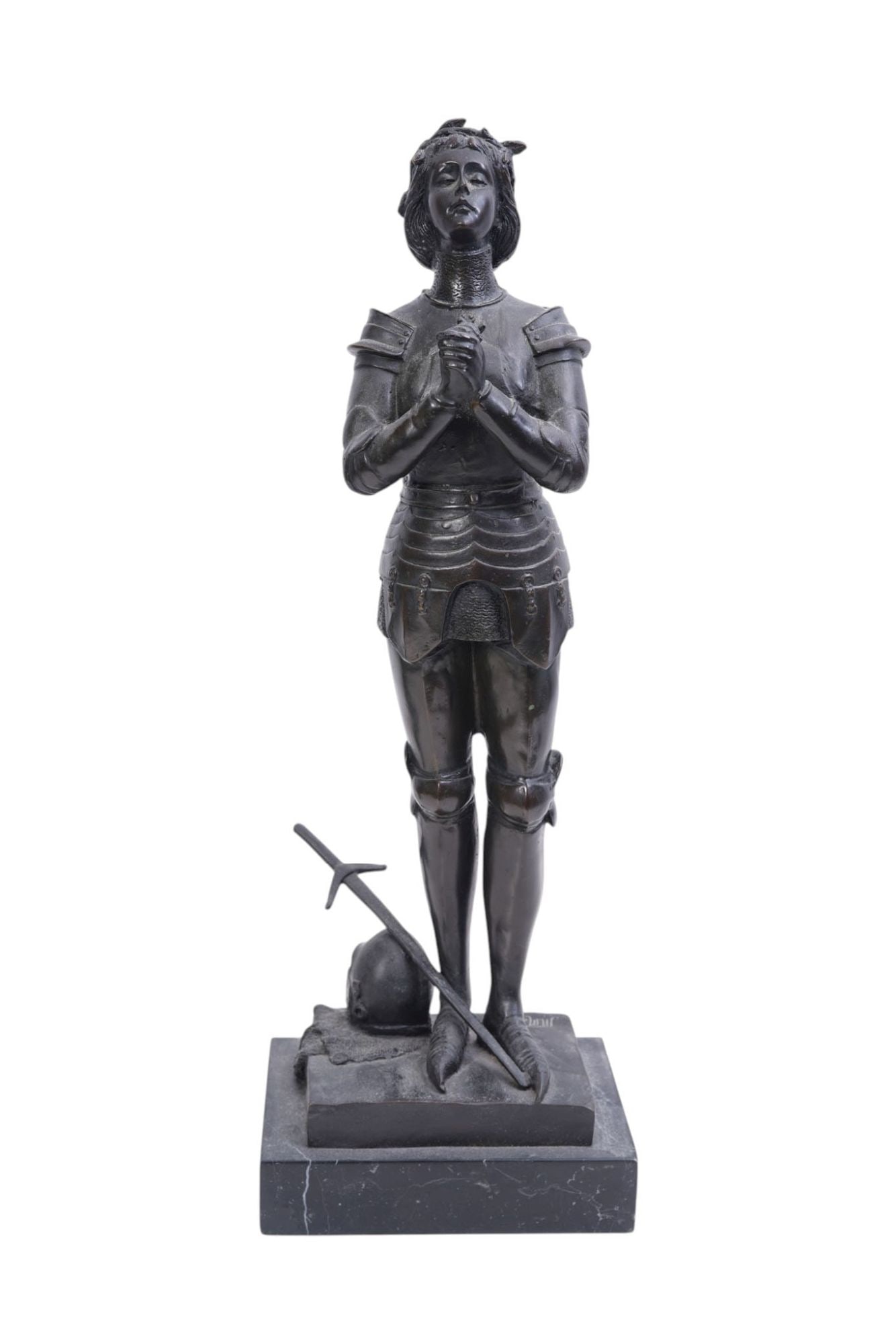 Bronze "Joan of Arc" In Full Armor Praying, Marble Base, Signed M. Mecie, 20 1/2"h x 7"w x 5"d (1 of 8)