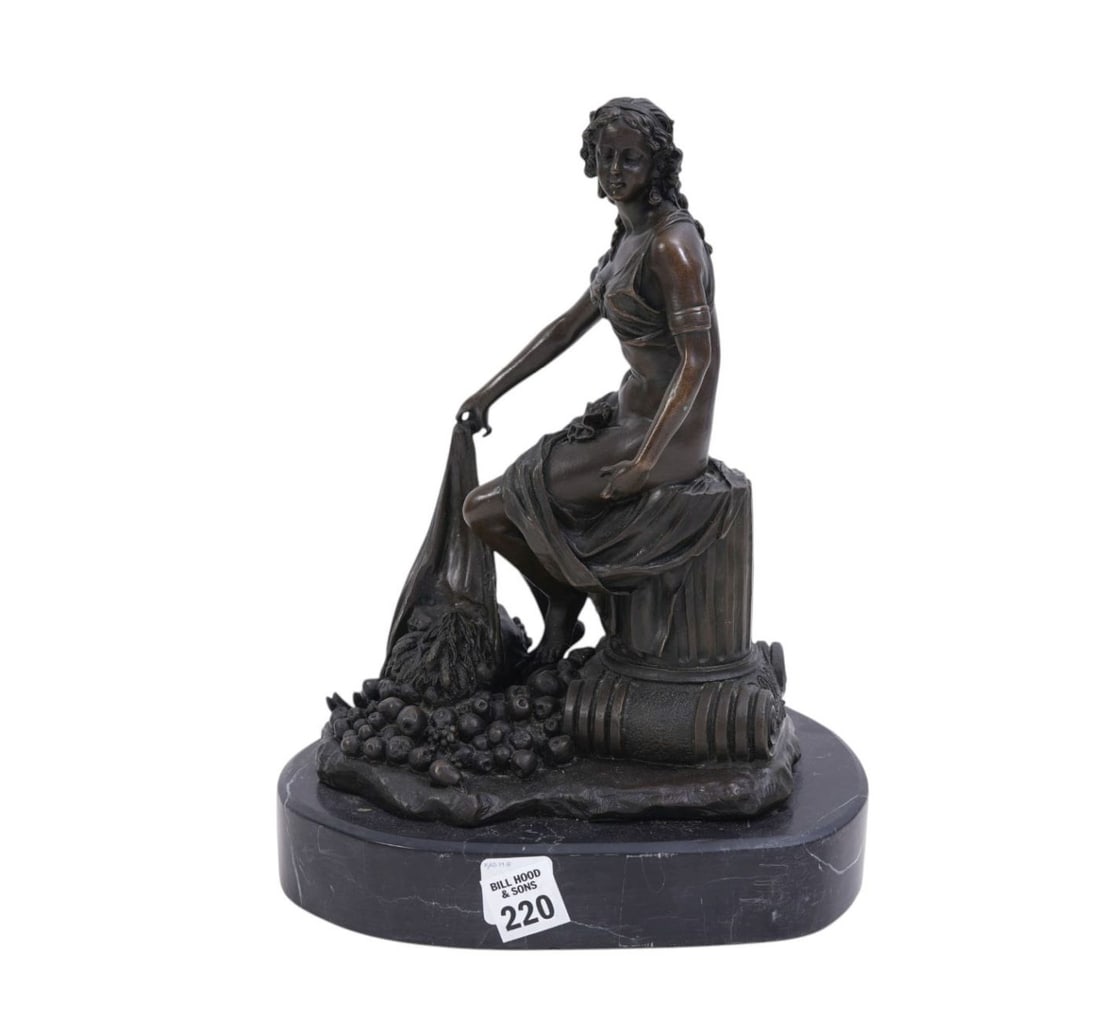 Woman with Bundle of Cascading Fruit on Marble Base, Signed Milo 12"h x 8"w x7 1/2'd: Woman with Bundle of Cascading Fruit on Marble Base, Signed Milo 12"h x 8"w x7 1/2'd