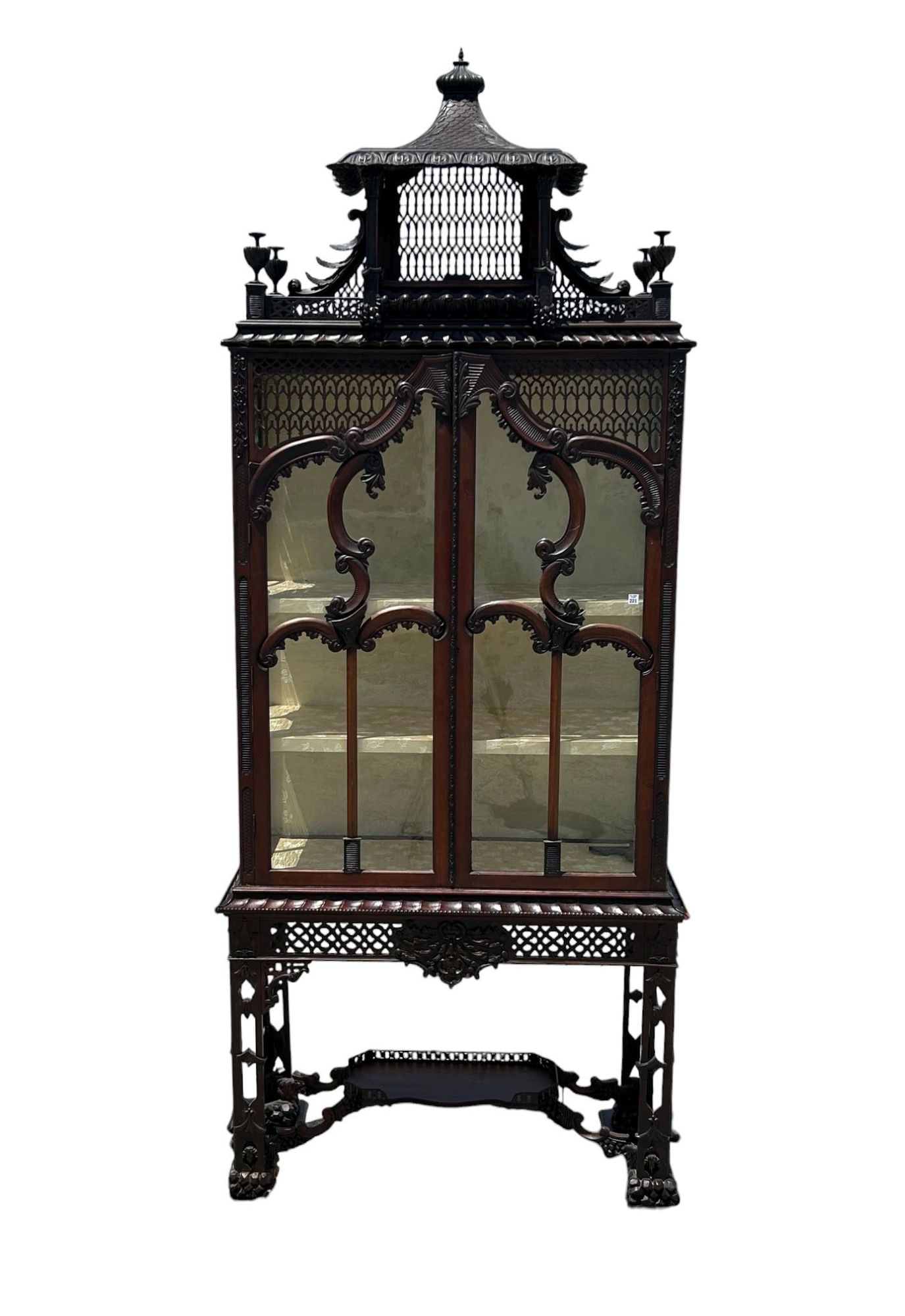 Amazing English 19th C. Example of Chinese Chippendale Style, 3pc. Cabinet. Intricately Carved: Amazing English 19th C. Example of Chinese Chippendale Style, 3pc. Cabinet. Intricately Carved Pagoda Form Top Section Including Leaves, Scrolls and Fret Work Over 2 Paned Cabinet Doors, with Intricat