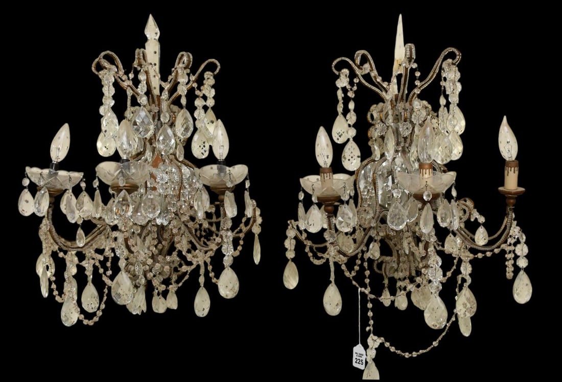 Antique Mirrored French 3 Branch Crystal Wall Sconces, 21"H x 18"w (1 of 4)