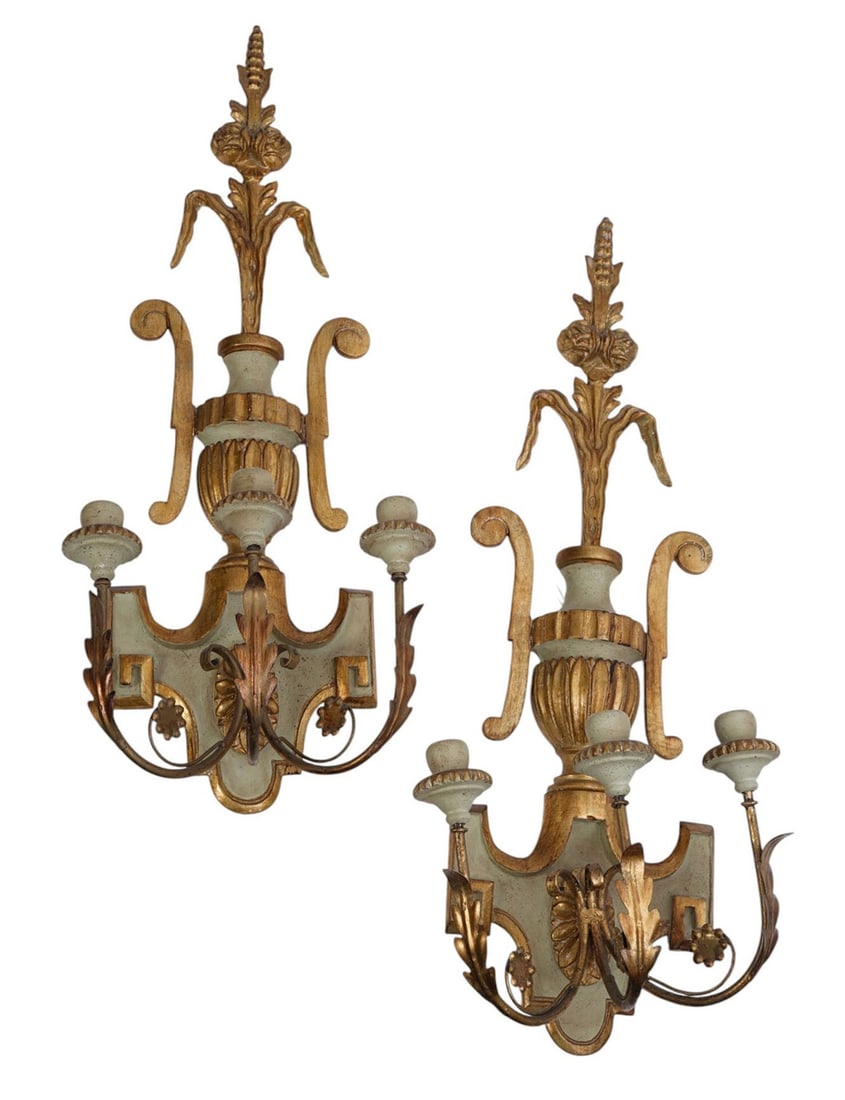 Pair Decorative 3 Branch Classical Wall Sconces, Gilded With Green, 31"h x 12"w (1 of 7)