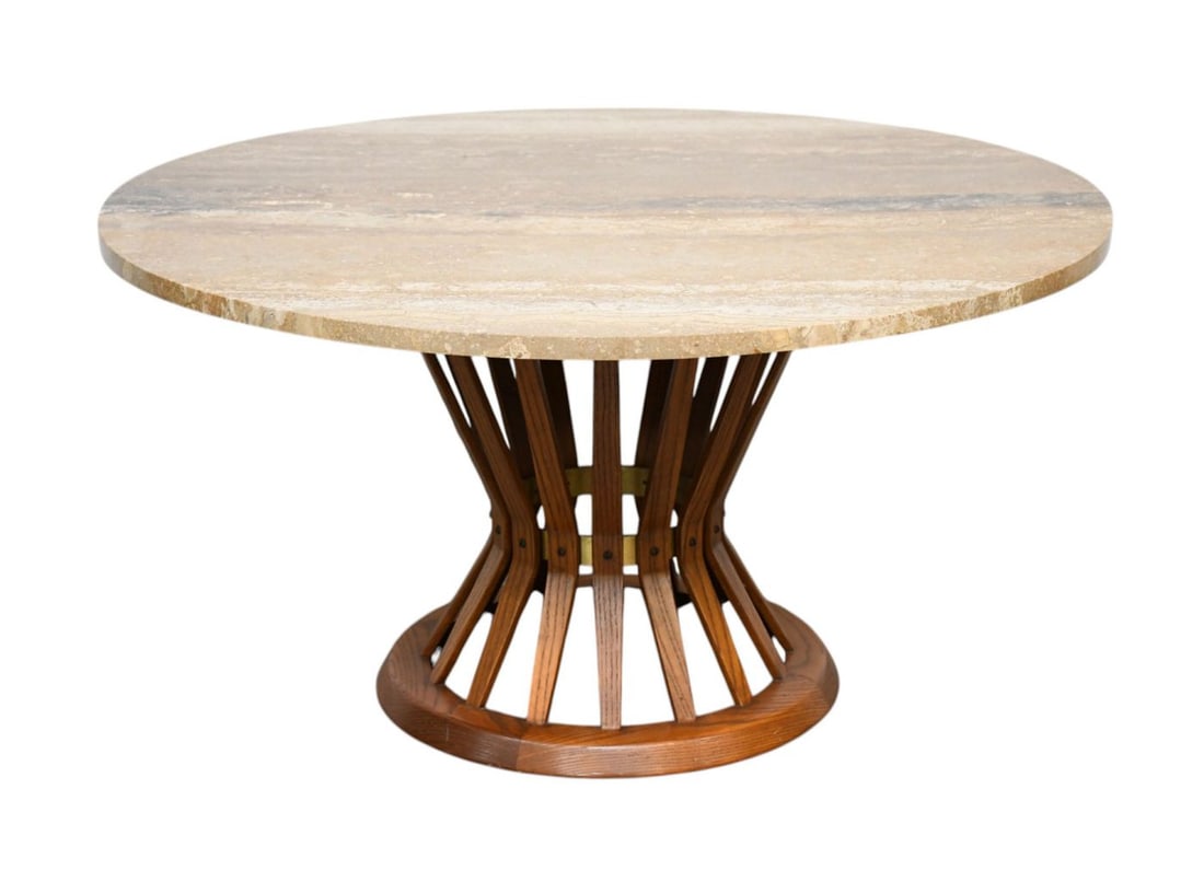 Dunbar Coffee Table by Edward Wormley, Round Mid-Century "Sheaf of Wheat" With Travertine Top, 20 (1 of 5)
