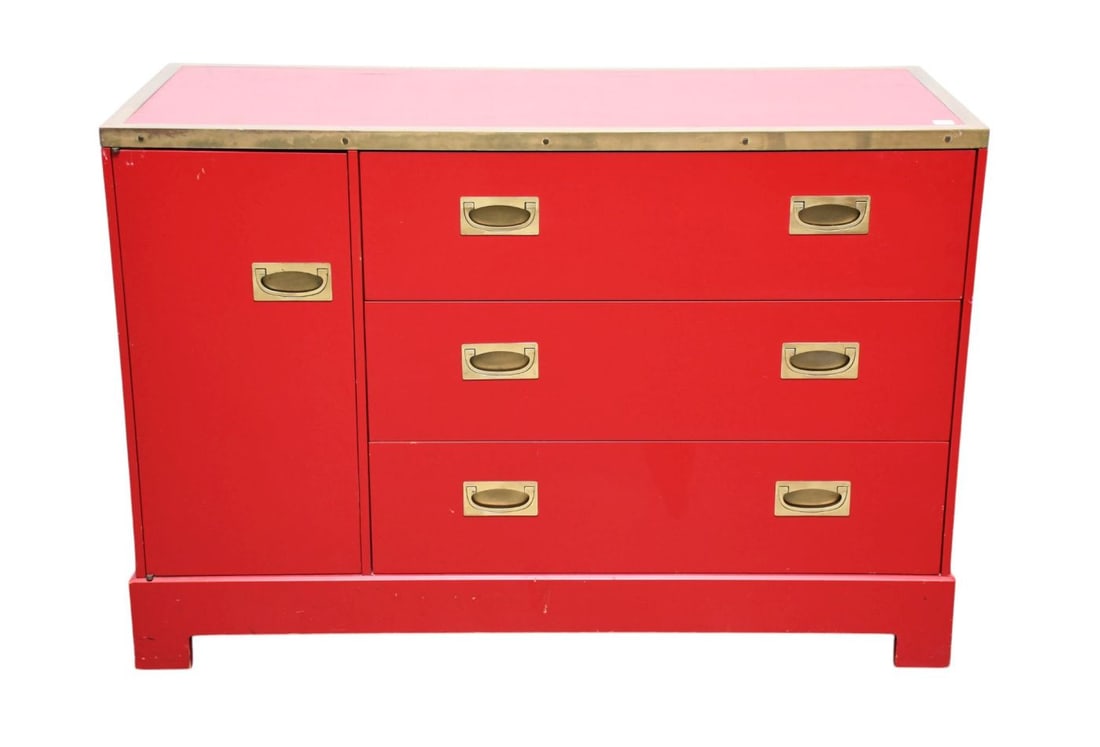 Directional Mid-Century Campaign Style 3 Drawer Credenza/Dresser, Tomato Red Color with Classic (1 of 8)