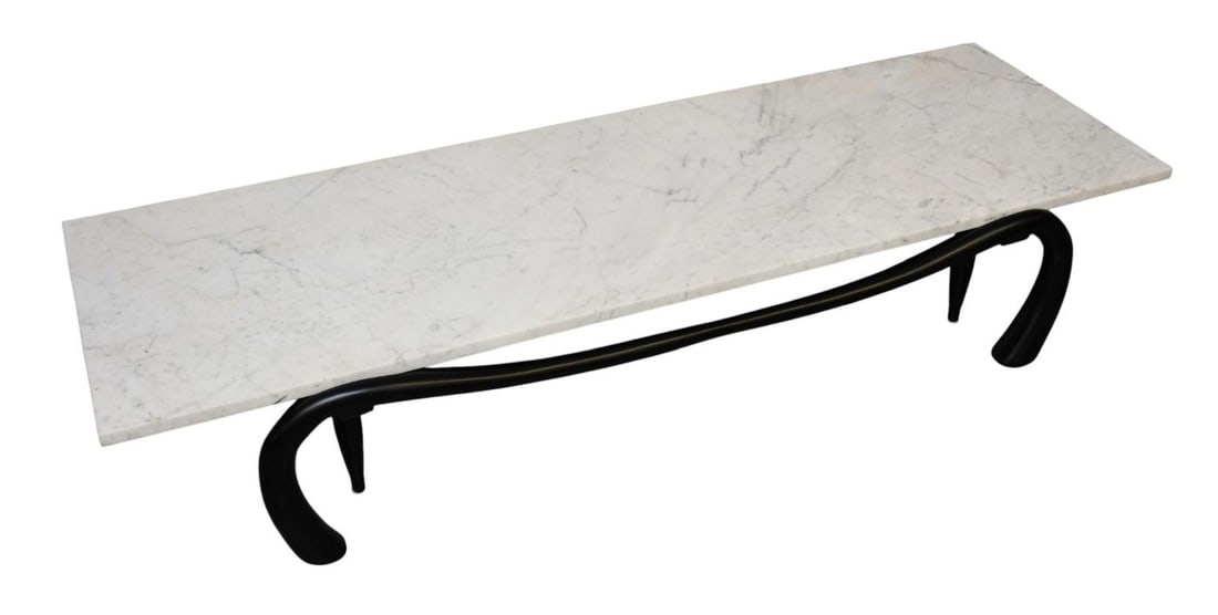 Gio Ponti Modern Black & Wood Style Coffee Table with Marble Top, 68"h x 22"d (1 of 5)
