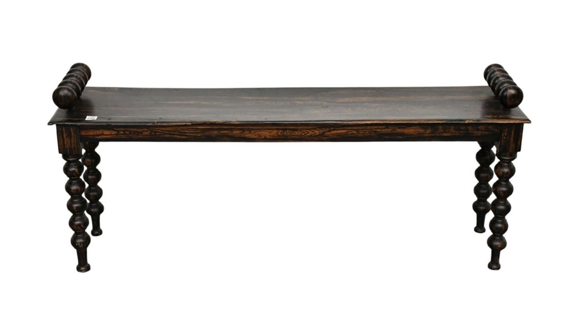 Antique English Rare Coromandel Wood Narrow Bench, Spool Turned Ends & Legs, 20"h x 46 1/2"w x 11"d: Antique English Rare Coromandel Wood Narrow Bench, Spool Turned Ends & Legs, 20"h x 46 1/2"w x 11"d