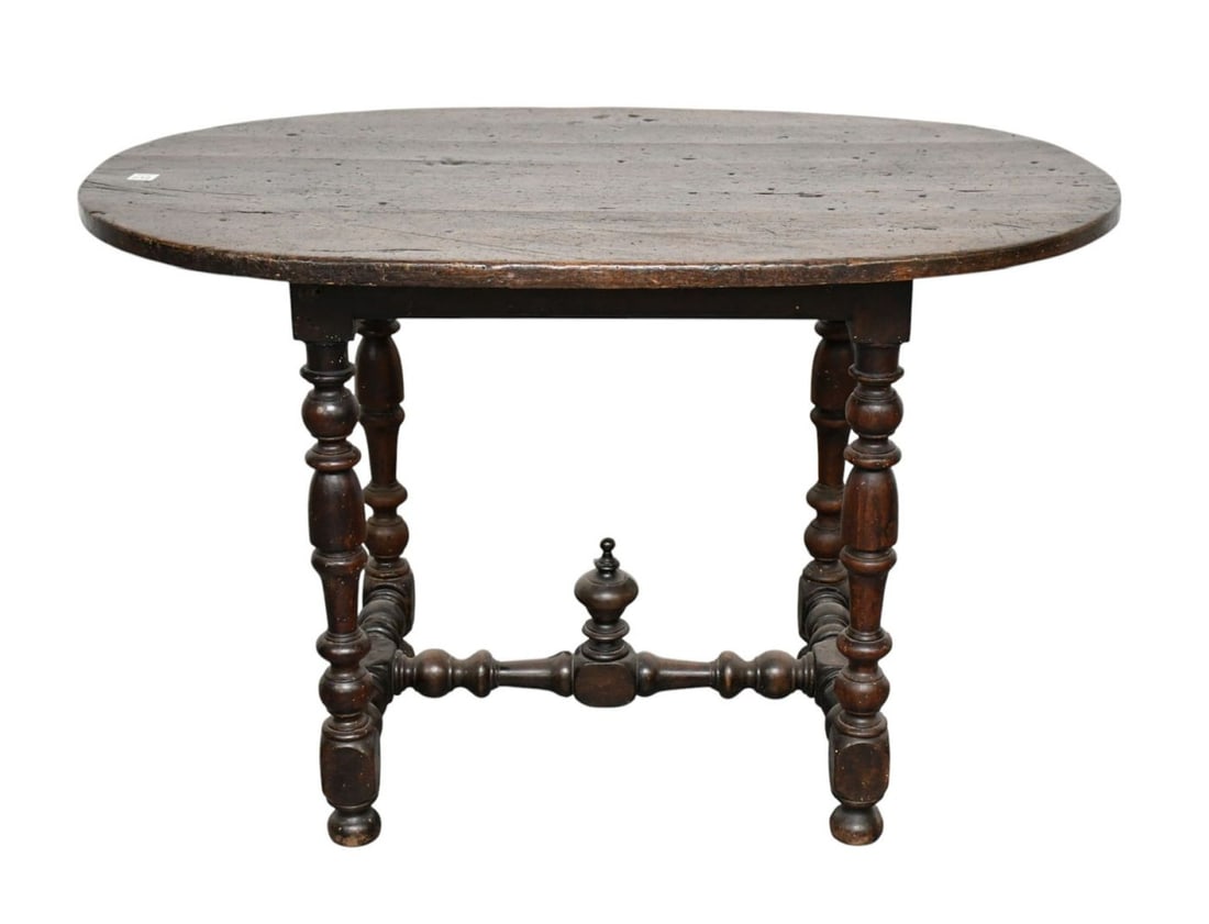 Continental Tavern Table, 18th c, Heavily Turned Stretcher Base, 26 1/2"h x 29"w x 26"d (1 of 6)