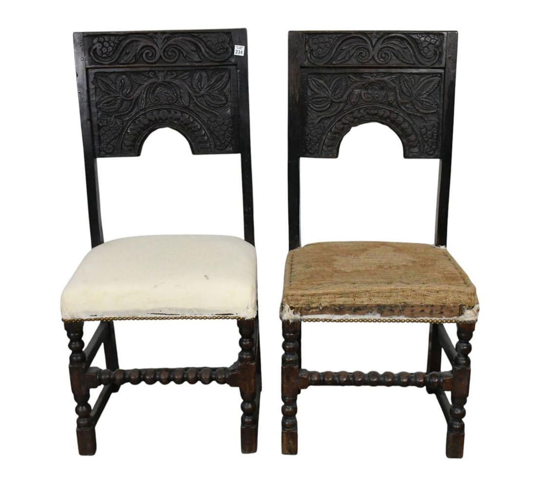 Pair Continental 17th c. Carved Oak Side Chairs, 42"h x 18 1/2"w x 14"d (needs upholstery) (1 of 10)