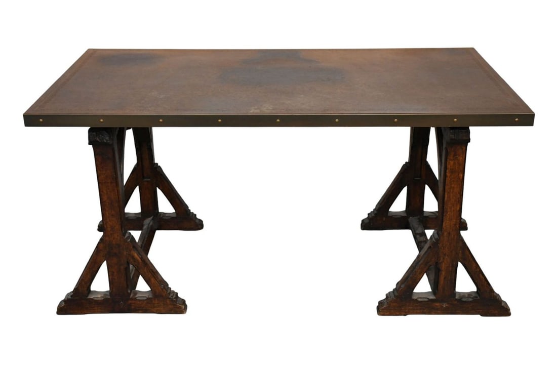 Trestle Table 17th c. With Custom Late Leather Top, 29 1/2"h x 30"w (1 of 8)