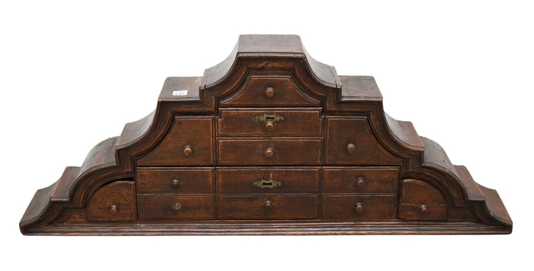 Wall Hanging 19th c. Chest with Stepped Serpentine Pediment, 2 Center Drawers Are Designed to Look (1 of 8)