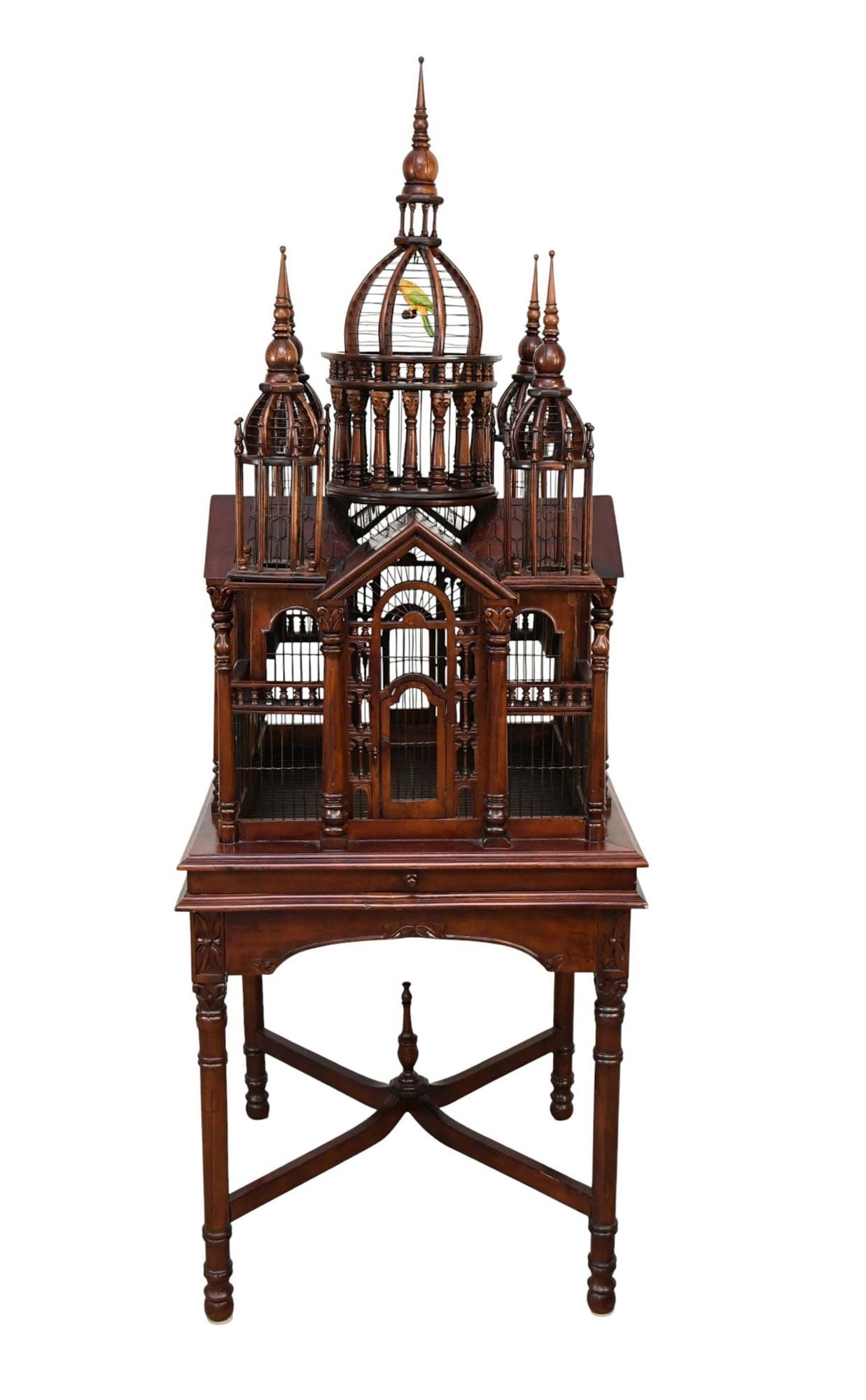 Architectural Elaborate Bird Cage Affixed to Table Base, 75"h x 27"w: Architectural Elaborate Bird Cage Affixed to Table Base, 75"h x 27"w
