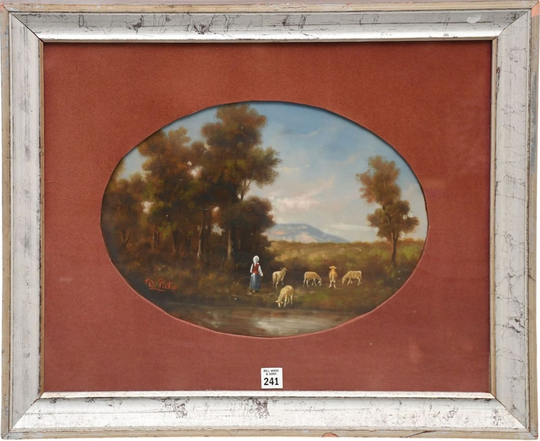 Antique oval Italian School, pastoral landscape painting depicting a shepherdess or peasant woman: Antique oval Italian School, pastoral landscape painting depicting a shepherdess or peasant woman herding a small flock of sheep near a body of water. 12 x 15-1/2. signed D.pietro left side. Framed 21