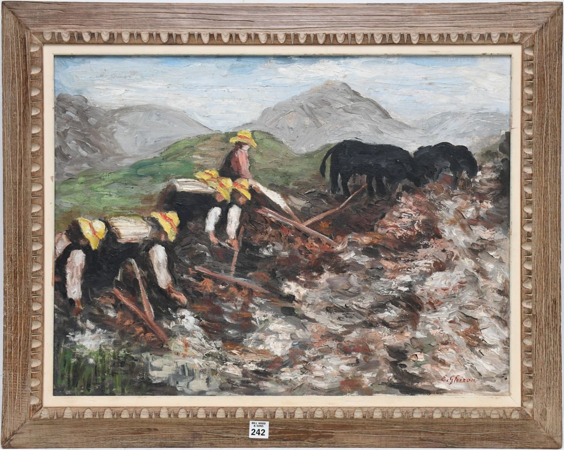 Artist Signed "E. Ghiron" Subject: Rural agricultural plowing scene with mountains. Oil on: Artist Signed "E. Ghiron" Subject: Rural agricultural plowing scene with mountains. Oil on canvas/board with heavy impasto texture, canvas size 18 x 24 inches. Framed overall size 23 1/2 x 29 1/2 inch
