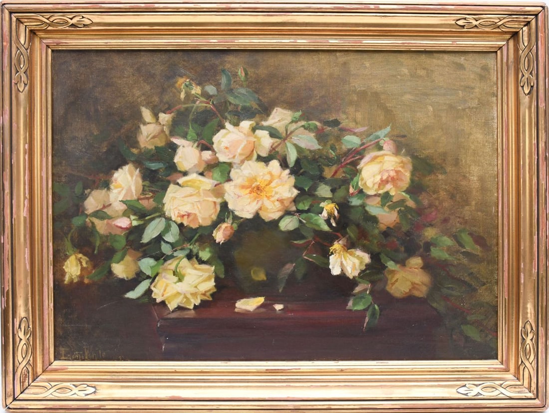 Edith White (1855-1946 California) oil on canvas, antique still life painting featuring a cascading: Edith White (1855-1946 California) oil on canvas, antique still life painting featuring a cascading arrangement of pale yellow and white roses set against a dark background, presented in an ornate per