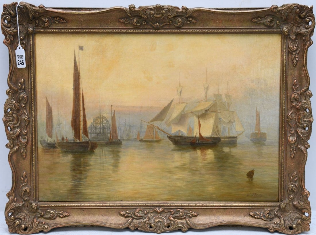 William Daniel Penny (British 1834-1924) Morning Ships at Harbor, oil on canvas, 14 x 20 inches. (1 of 5)