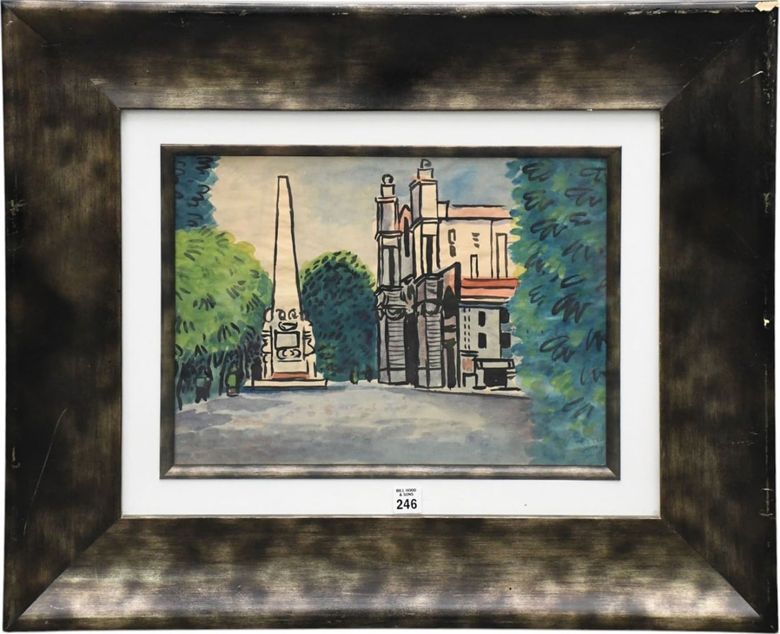 Mid Century Modern Urban street scent in style of Raule Dufy, signed illegibly and dated 1959 lower: Mid Century Modern Urban street scent in style of Raule Dufy, signed illegibly and dated 1959 lower right. 11-1/2 x 15-1/2 inches. Overall framed size is 24 x 27-1/2 inches.