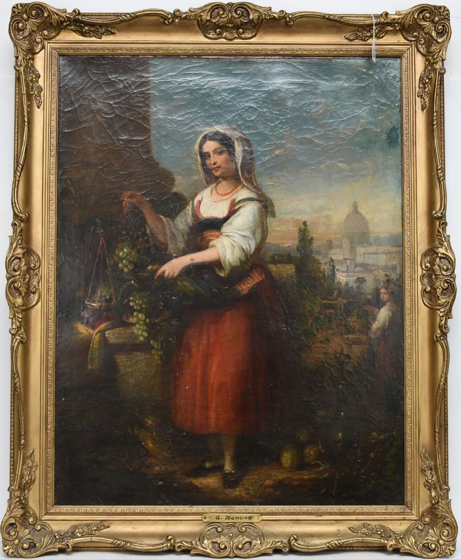 Signed A. Mancini , Possibly Antonio Mancini (Italian 1852-1930) “Young Girl Selling: Signed A. Mancini , Possibly Antonio Mancini (Italian 1852-1930) “Young Girl Selling Grapes”, oil on canvas, 36 x 28 inches. signed lower left, in a period decorative frame. Craquelure thr