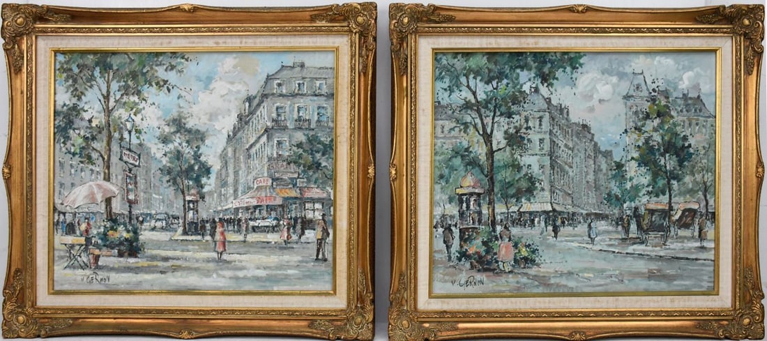 V. Jan Gernon (French 20th Century) Pr. oil on canvas, French Street scenes, 16 x 20 inches each.: V. Jan Gernon (French 20th Century) Pr. oil on canvas, French Street scenes, 16 x 20 inches each. signed, Overall frame size 21 1/2 x 26 inches.