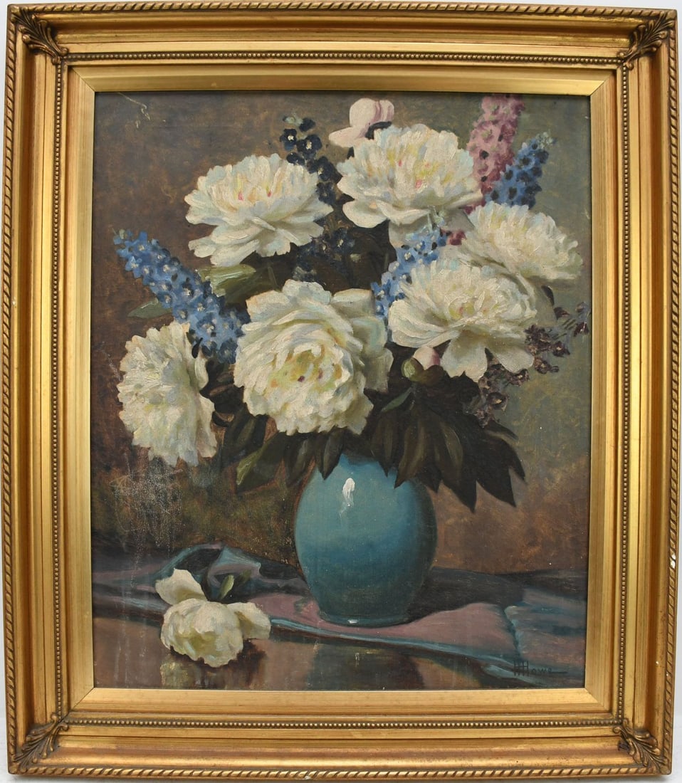 H Howe American 20th Century, oil on canvas still like flowers in a blue vase painting 24 x 20” (1 of 5)