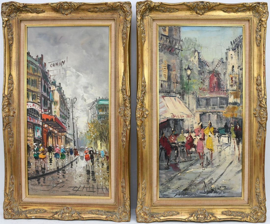 2 Paris Street Scenes: Jan Bevort (Fr. 1917-1996) oil on canvas 24 x 12“ Moulin Rouge, sold (1 of 6)